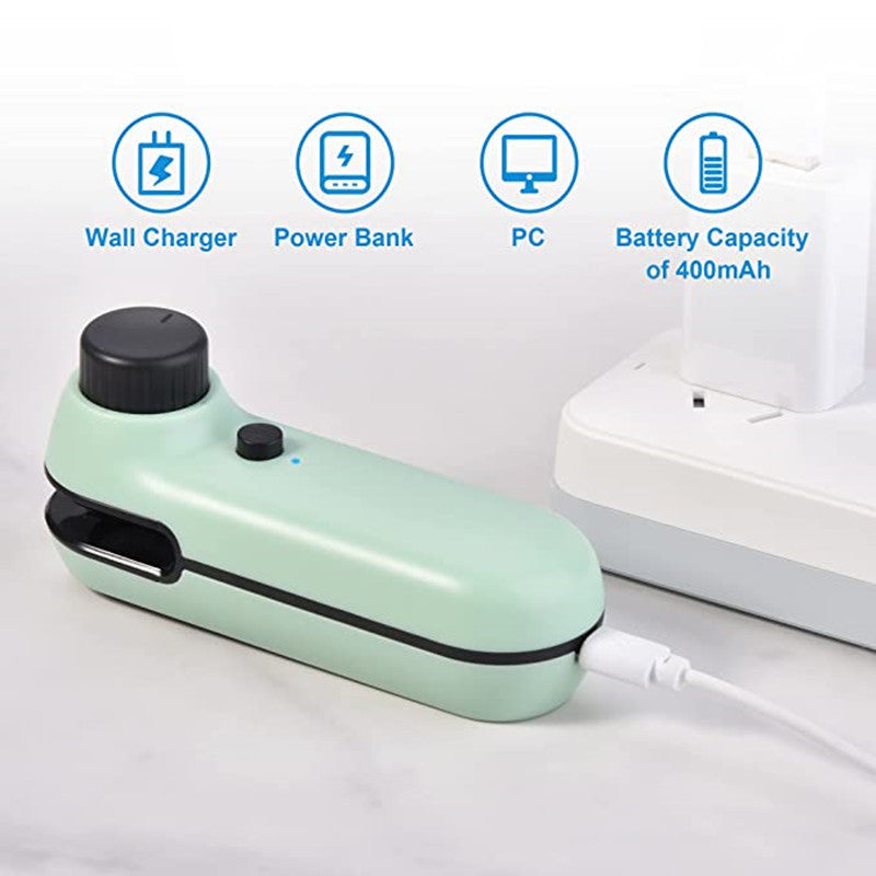 green usb charged bag sealer and cutter being charged