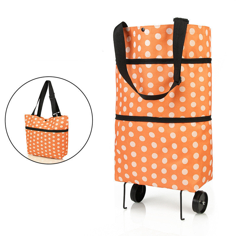 orange with white dots tote shopping bag with wheels