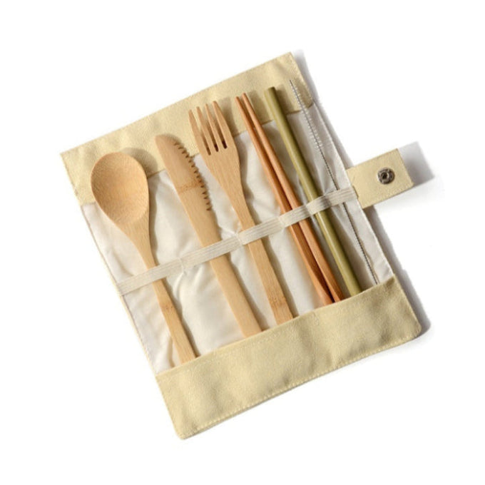 bamboo travel cutlery set in a cream canvas pouch
