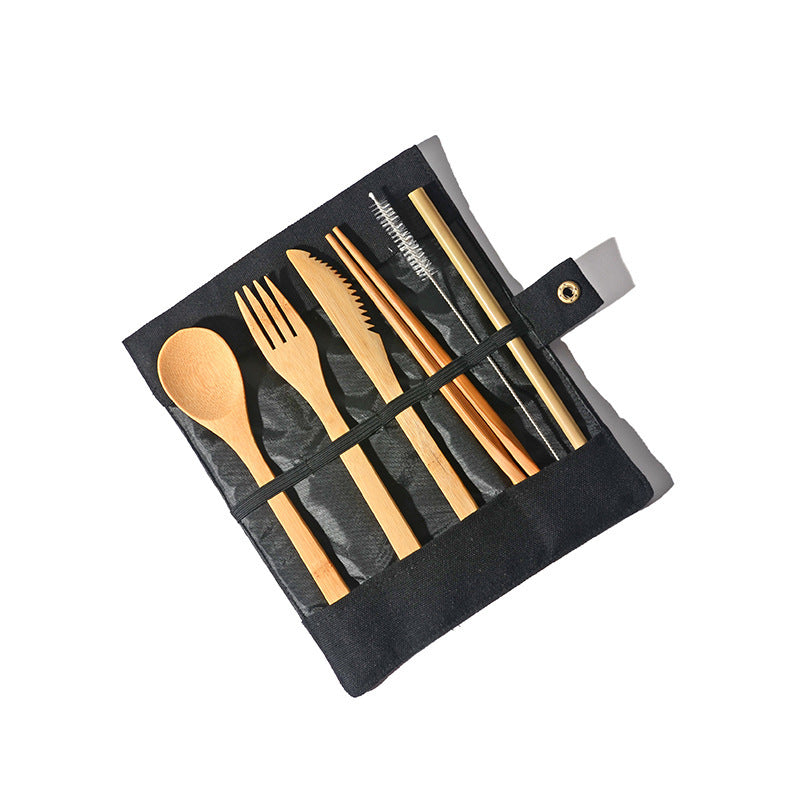 bamboo travel cutlery set in a black pouch