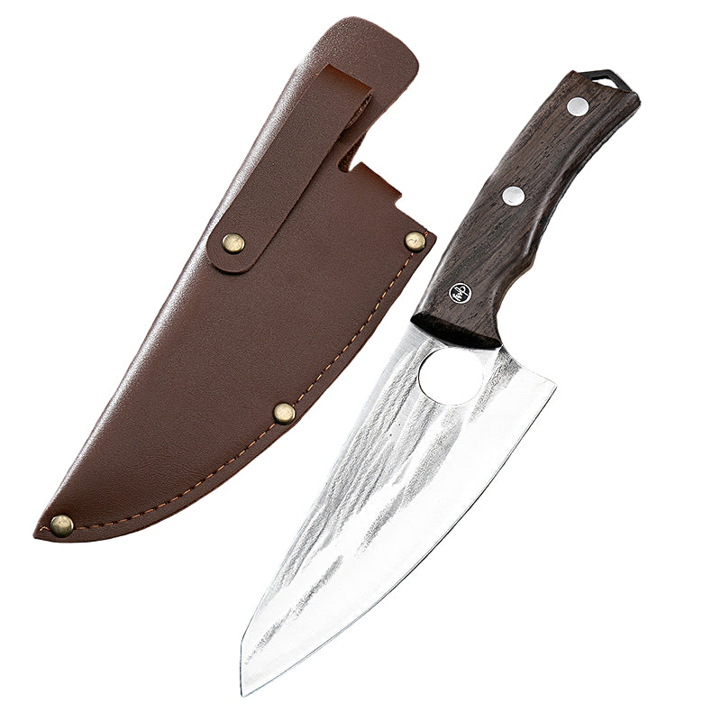 brown handle camping knife with brown sheath