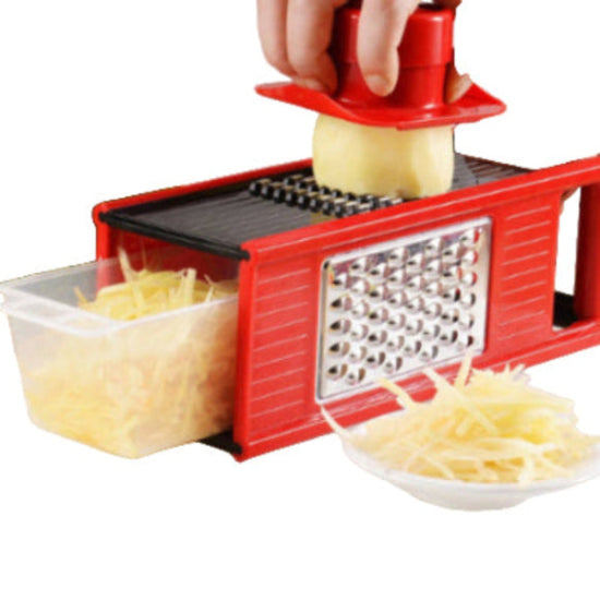person shredding potato on a red and black grater box tool