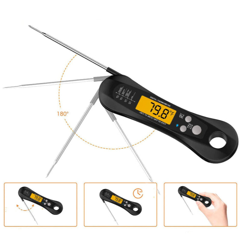 black digital meat and food thermometer with a swivel probe