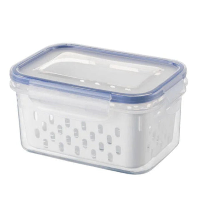 Clear plastic storage container with blue lid and white colander insert