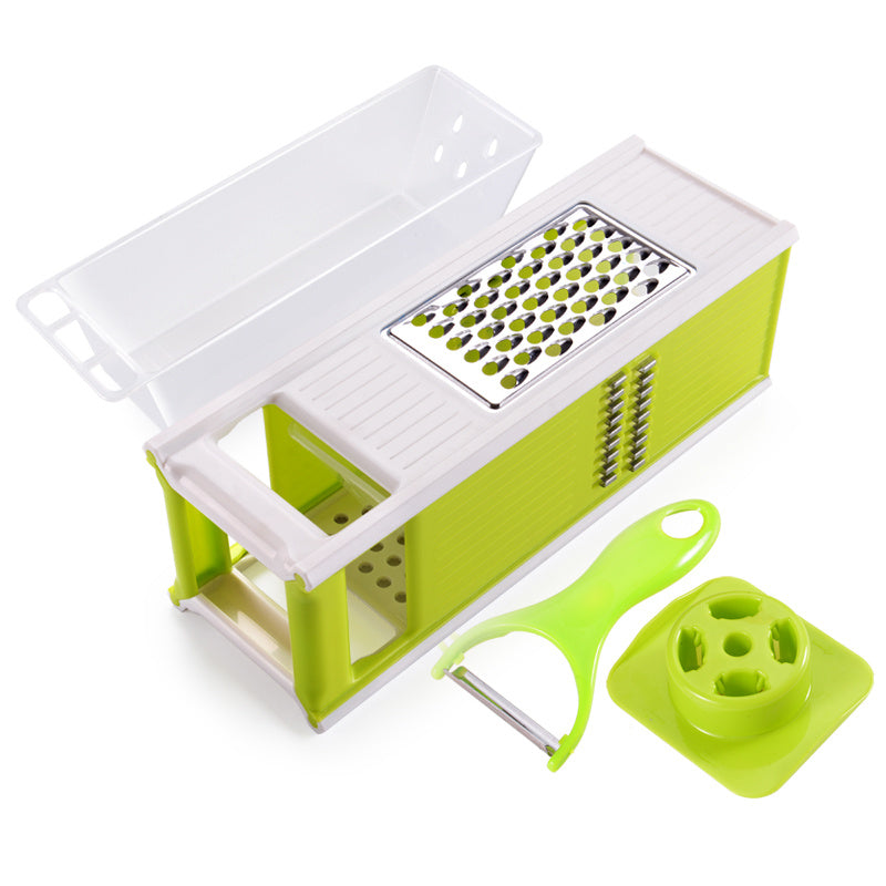 green and white grater box tool with accessories