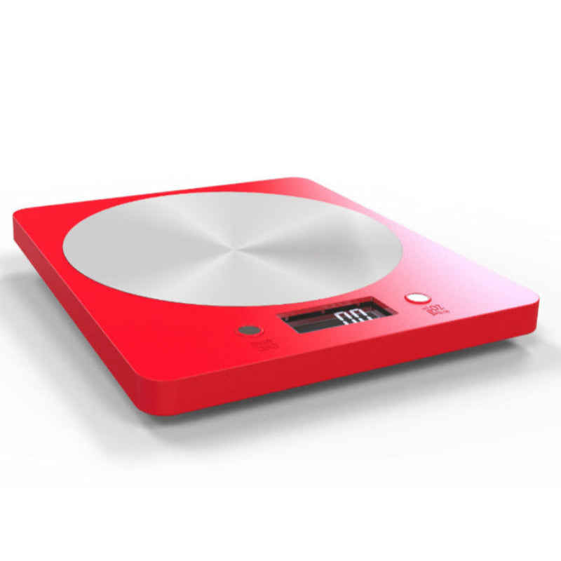 Red digital kitchen scale on a white background
