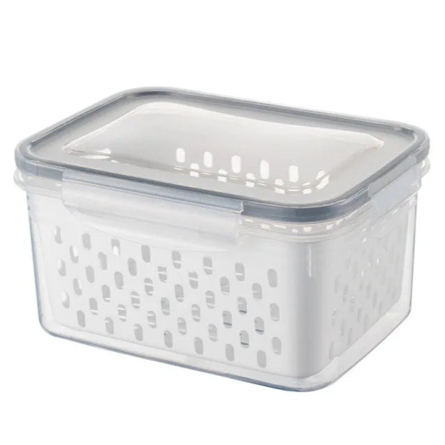 Clear storage basket with a grey lid and a white colander insert