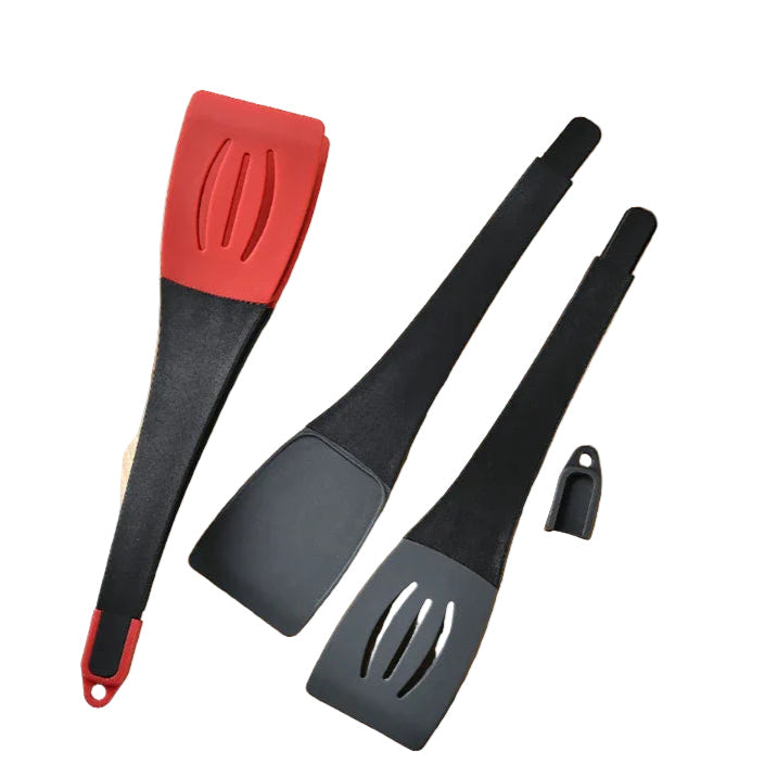 red and black 3-in-1 silicone kitchen spatula & tongs