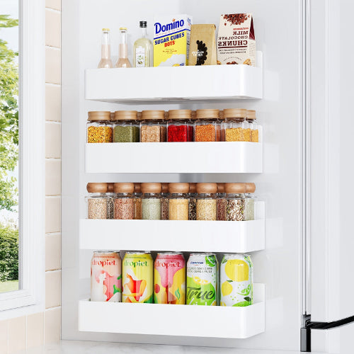 white magnetic spice rack set on a refrigerator