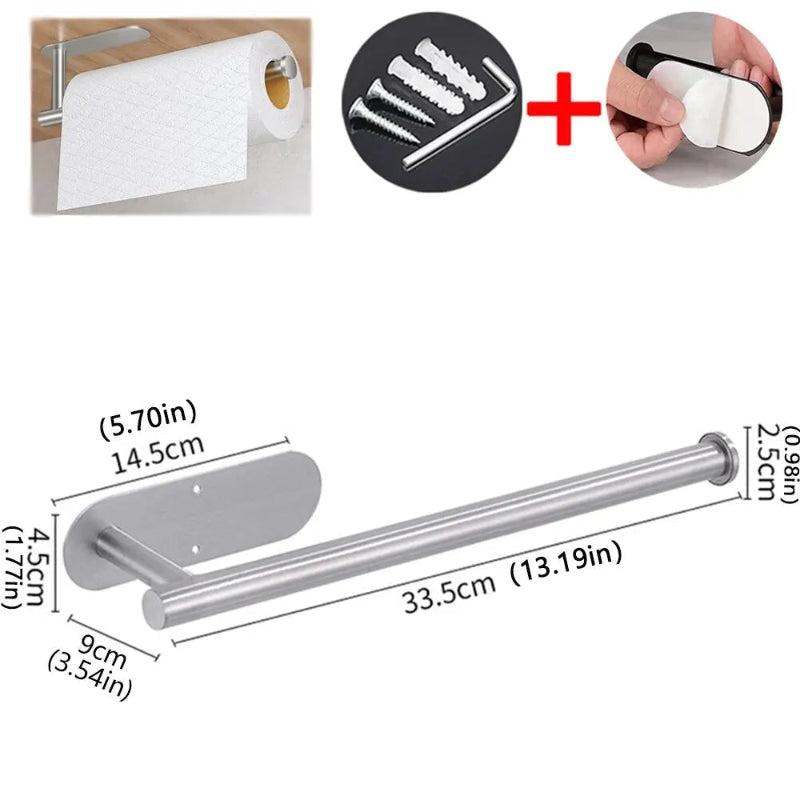 Towel holder with fixing methods and dimensions on a white background