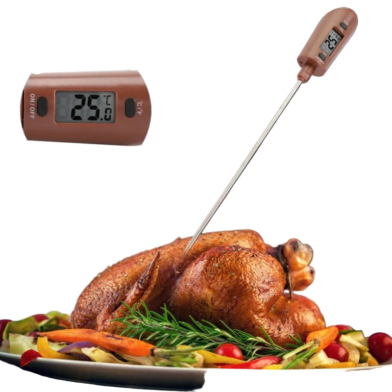 brown and silver meat probe thermometer measuring chicken temperature
