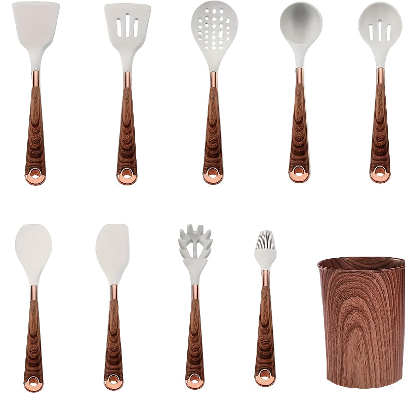 Set of kitchen utensils with wooden handles and a container.
