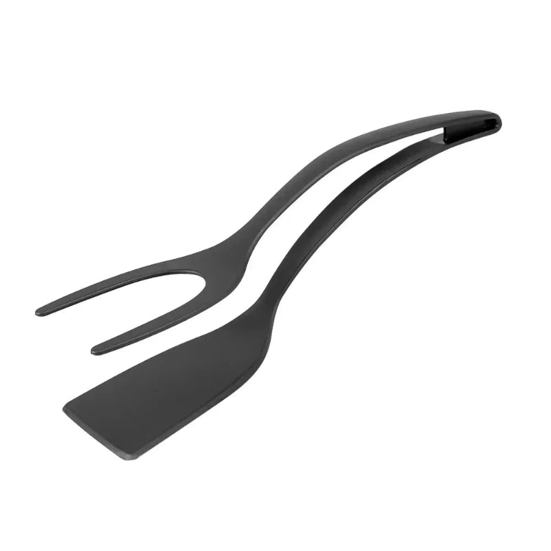 Black spatula tongs on a white backround