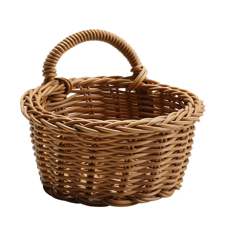 small round wicker basket with handle