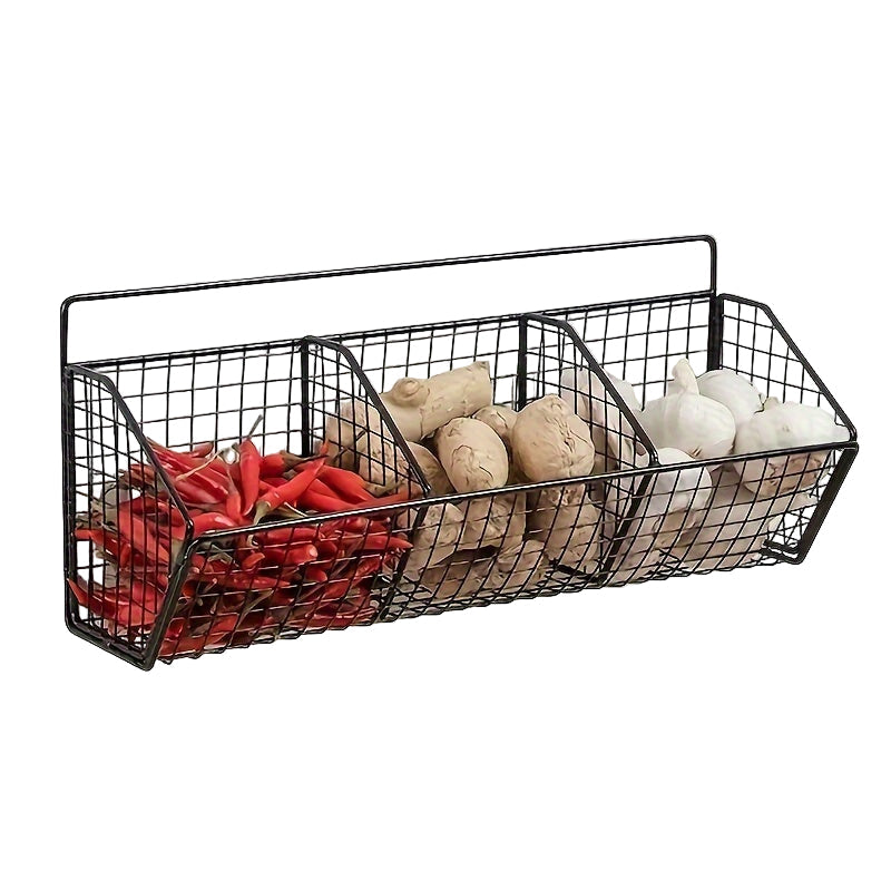 3 grid black wire wall-mounted storage basket with vegetables
