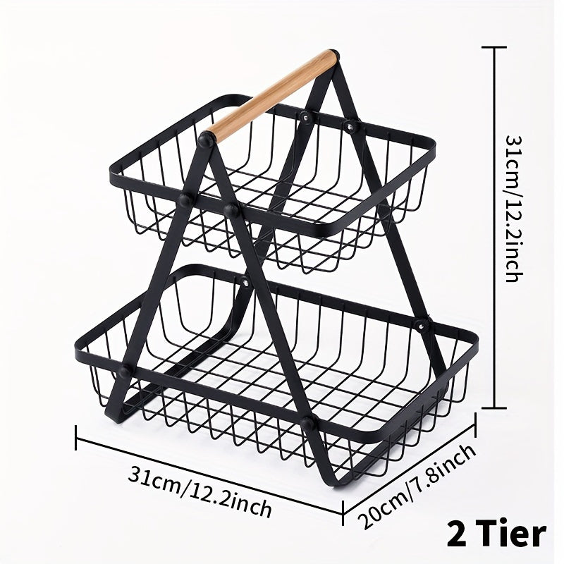 Two-tier metal basket with wooden handle and dimensions on a white background