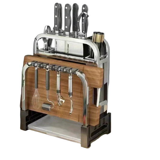 2 tier silver utensil and knife storage rack on a white background