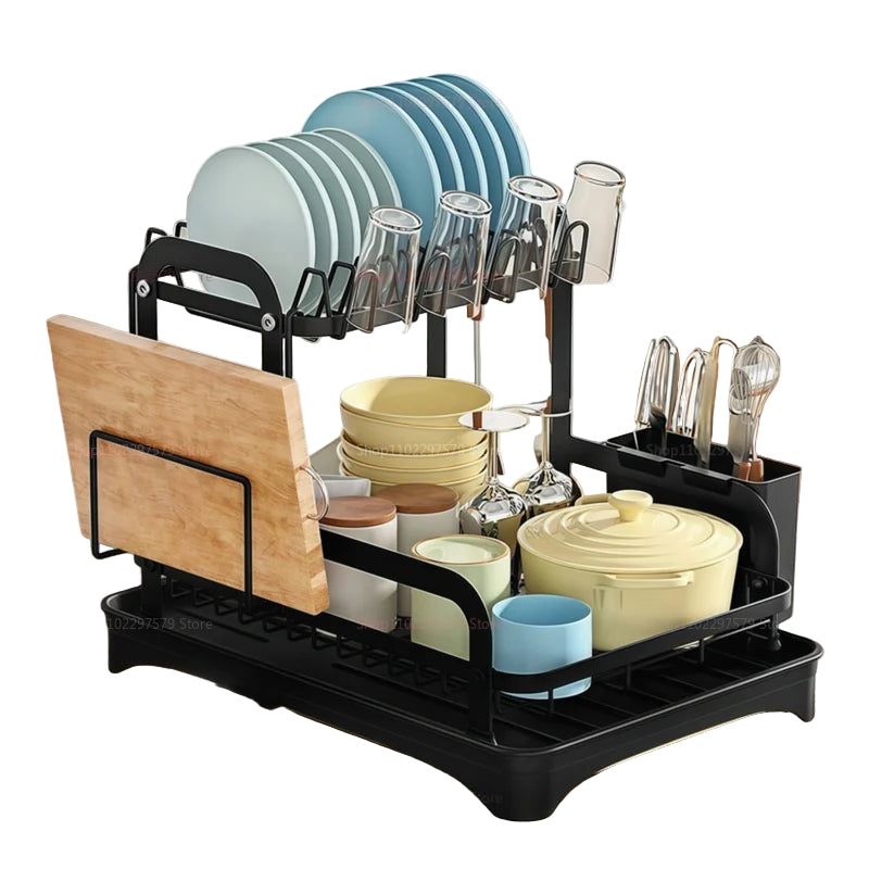 2tier black kitchen drying rack with cutlery, crockery pot, glasses and wooden chopping board