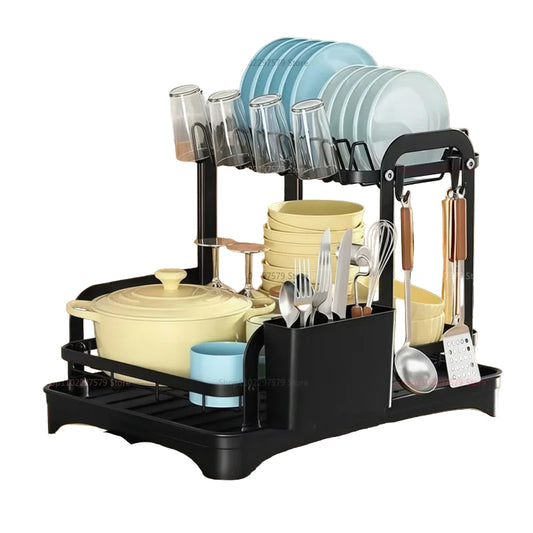 2 tier black kitchen drying rack with crockery, cutlery, pot and glasses