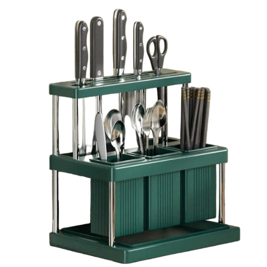 green two tier utensil holder and knife rack