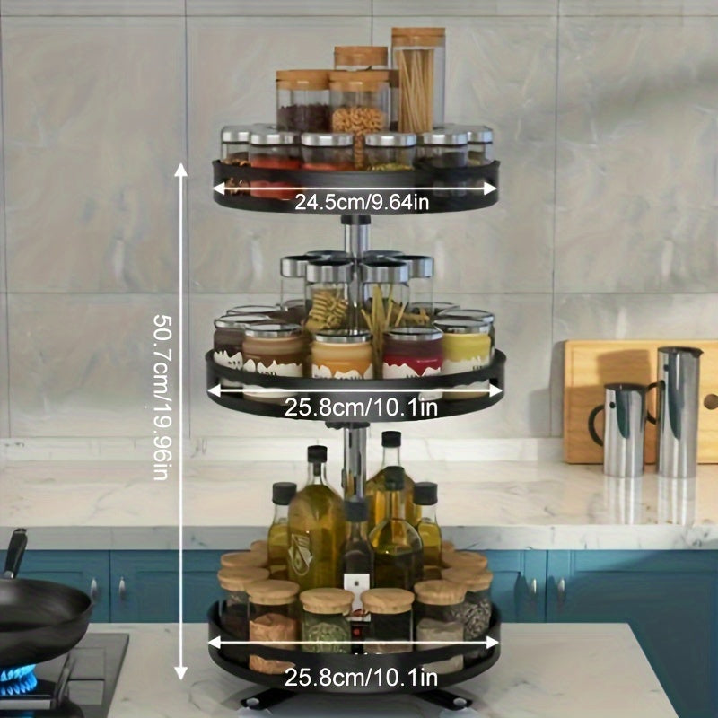 Three-tiered kitchen organizer with measurements on a kitchen counter