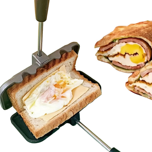 Sandwich maker with bread and egg being prepared, next to a finished sandwich .