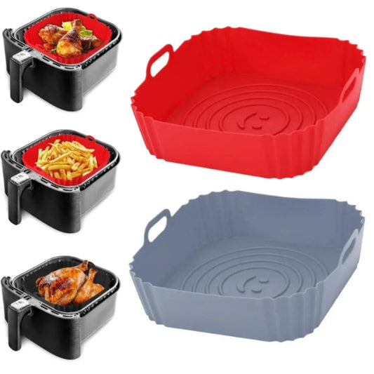 grey and red silicone air fryer liners in three air fryers