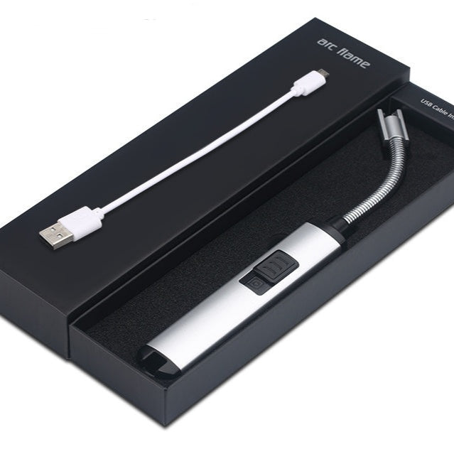 usb charged silver arc lighter in a black box with usb cable