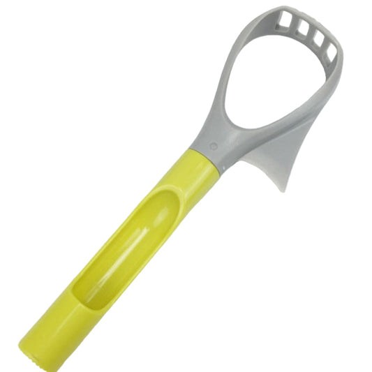 grey with green handle avocado preparation tool