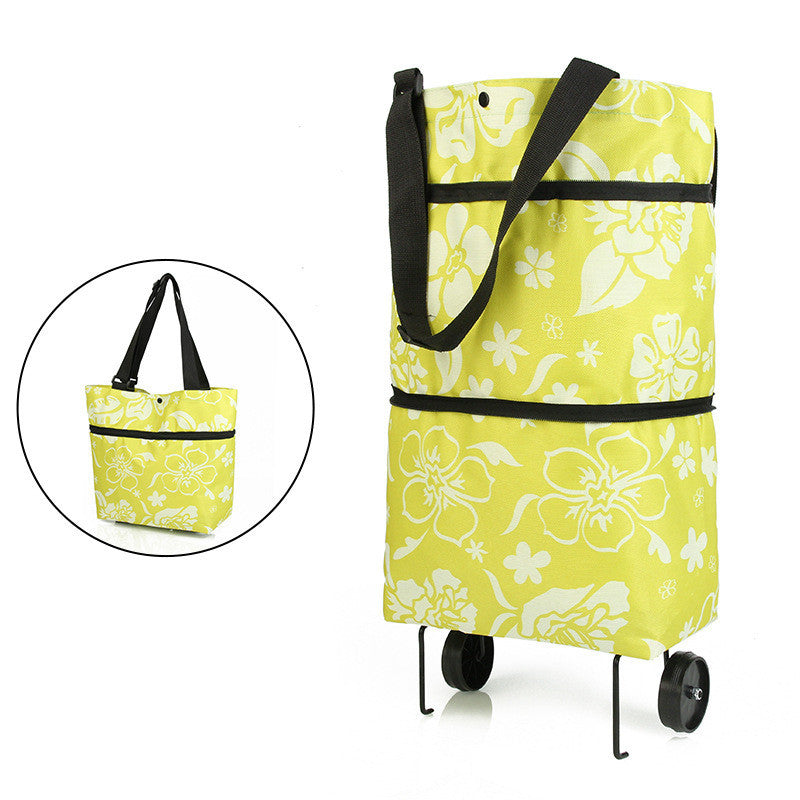 green with white flowers shopping tote bag with wheels