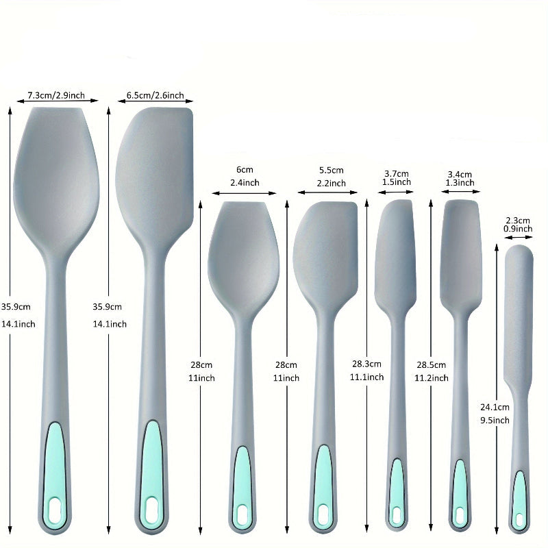Measurement chart of a spatula set with dimensions labeled