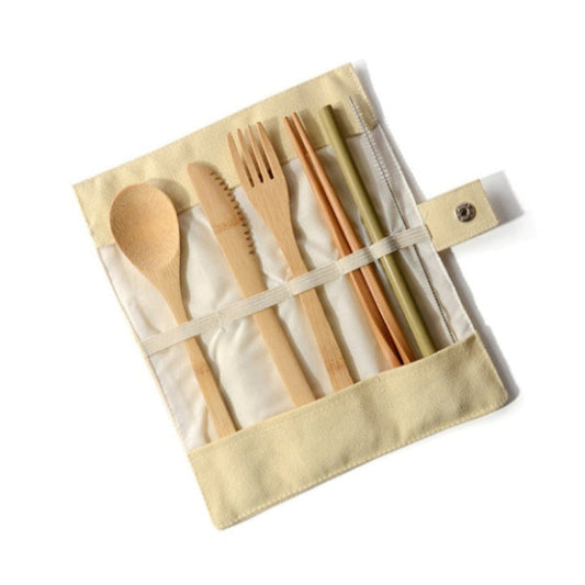 bamboo travel cutlery set in a cream canvas pouch
