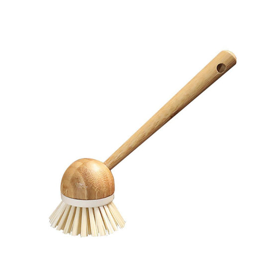 long handle bamboo pot and pan scrubbing brush with white bristles
