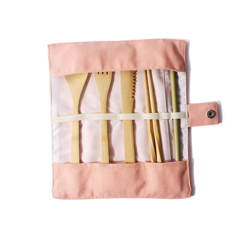 bamboo travel cutlery set in pink canvas pouch