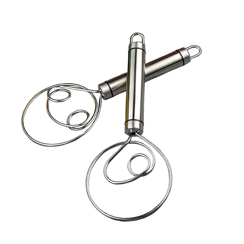 two steel danish batter whisks on a white background