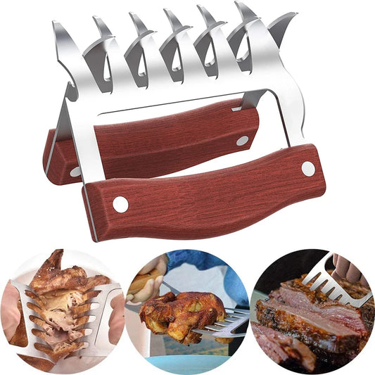 two stainless steel and wood meat claws shredding meat and chicken