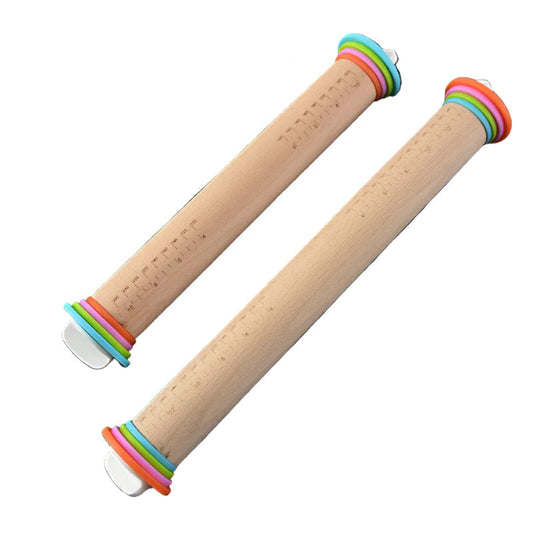 two wooden rolling pins with embossed measurements and color coded ends