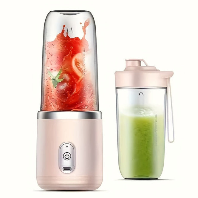 Portable blender with a glass container filled with a green smoothie on a white background