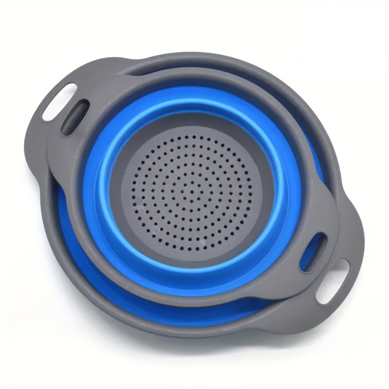 Collapsible colander with blue interior and gray exterior on a white background