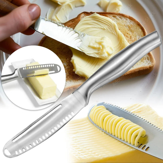 four butter spreader knives spreading, slicing and cutting butter