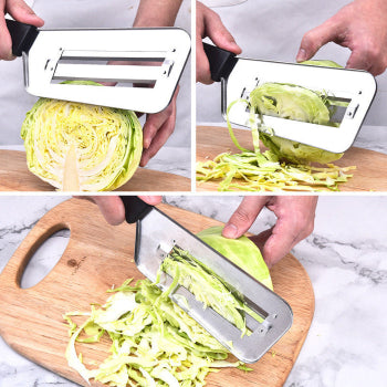 Step-by-step process of using a vegetable slicer to shred cabbage on a wooden cutting board.