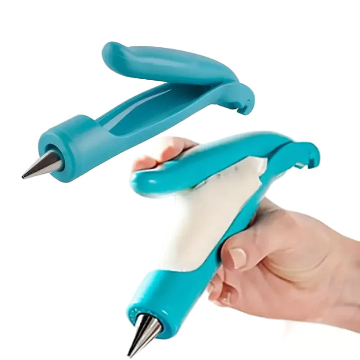 Turquoise cake decorating tool with a hand holding it