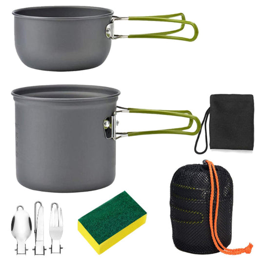 8 piece camping cookware set with two pots, knife, fork, spoon, sponge and  carry bags