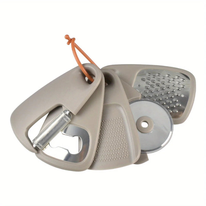 Multifunctional kitchen tool with grater, peeler, and bottle opener on a white background
