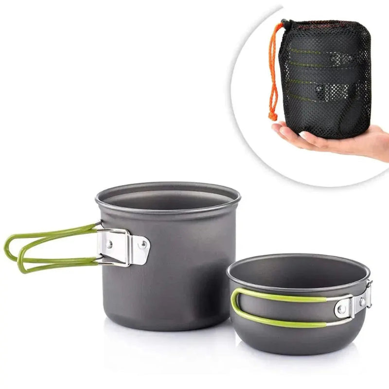 small and big grey camping pots with a black mesh carry bag