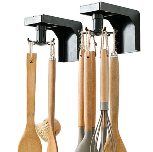 black four and six hook wall mounted carousel kitchen utensil racks with wooden utensils