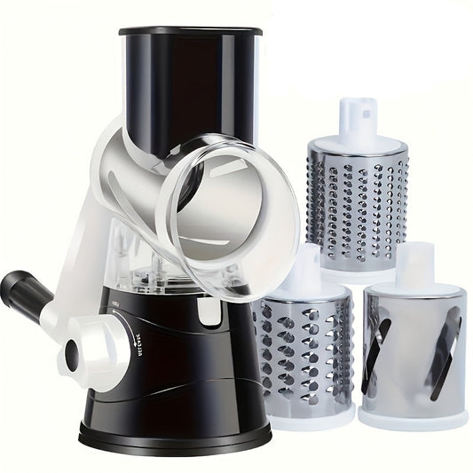 Black and silver manual vegetable chopper with detachable grating attachments on a white background.