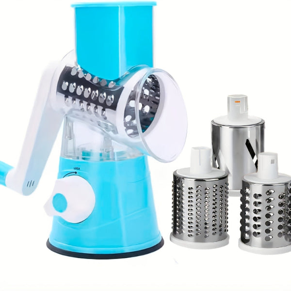 Blue manual rotary cheese grater with three interchangeable metal grinding heads on a white background