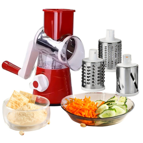 Manual grinder with attachments on a kitchen counter, showing grated vegetables and ground cheese.