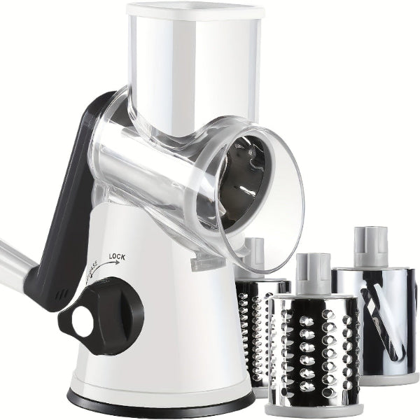 White manual rotary cheese grater with three metal attachments on a white background